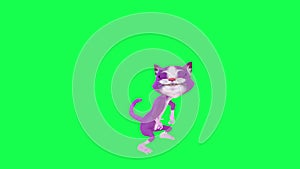 Talking purple 3D animated cat dancing hips and head from left angle on green screen 3D people walking background chroma key Visua