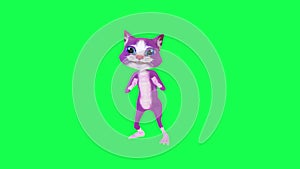 Talking purple 3D cat fighting and kicking from opposite angle on green screen 3D people walking background chroma key Visual effe