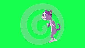 Talking purple 3D cat fighting and kicking from right angle on green screen 3D people walking background chroma key Visual effect