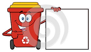 Talking Red Recycle Bin Cartoon Mascot Character Pointing To A Blank Sign Banner