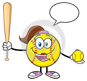 Talking Softball Girl Cartoon Character Holding A Bat And Ball With Speech Bubble