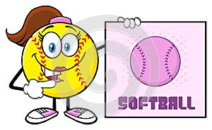 Talking Softball Girl Cartoon Mascot Character Pointing To A Sign With Text Softball