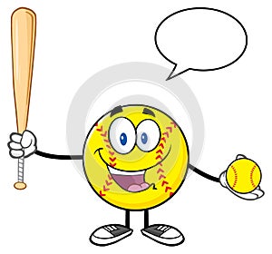 Talking Softball Player Cartoon Character Holding A Bat And Ball With Speech Bubble