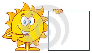 Talking Sun Cartoon Mascot Character Pointing To A Blank Sign