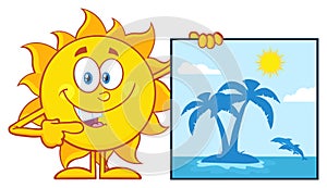 Talking Sun Cartoon Mascot Character Pointing To A Blank Sign