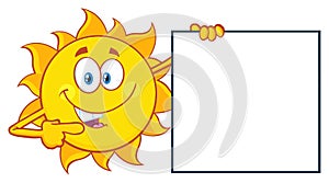 Talking Sun Cartoon Mascot Character Pointing To A Blank Sign