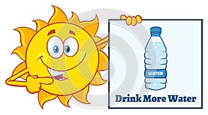 Talking Sun Cartoon Mascot Character Pointing To A Sign With Text Drink More Water