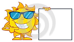 Talking Sun Cartoon Mascot Character With Sunglasses Pointing To A Blank Sign