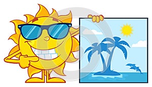 Talking Sun Cartoon Mascot Character With Sunglasses Pointing To A Blank Sign