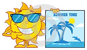 Talking Sun Cartoon Mascot Character With Sunglasses Pointing To A Blank Sign