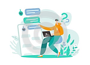 Talking to chat widget illustration, Man chatting with chat bot, Chatbot concept vector