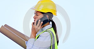 Talking, woman or a construction worker on a phone call for planning or design discussion. Building, young architect and