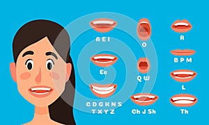 Talking woman mouth animation. Female character talking, speak mouths expressions and lip sync speaking animations vector