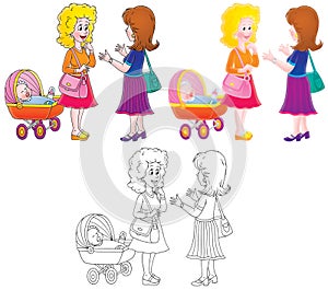 Talking women wit a baby buggy photo