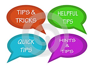 Talks bubbles with inscription tips and tricks, helpful tips, quick tips, hints and tips