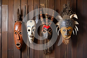 tall african tribal masks propped against a wall