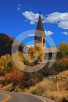 Tall Aspen chapel near Aspen city in Colorado