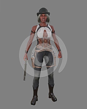 Tall attractive black woman standing in wild west style outfit with two holstered revolvers and a rifle in her hand. 3D rendering