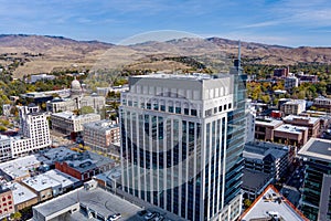 Tall bank building in Downtown Boise with Idaho state capital