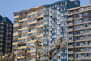 Tall Beachfront Buildings and Palms Against Blue Sky