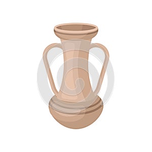 Tall beige jug with two handles. Antique clay vase. Old ceramic vessel for liquids. Flat vector for souvenir or home