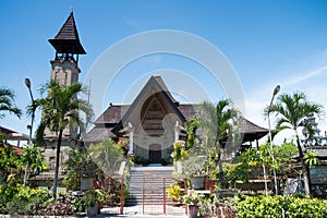 Tall Bell Tower in Balinese Architectural Style, Protestant Church in Puja Mandala Complex in Bali, Indonesia