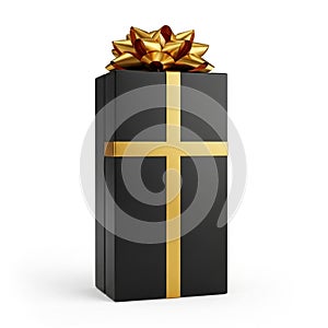 Tall Black Gift Box with Gold Ribbon and Bow on White Background present