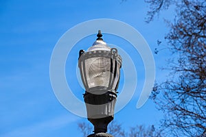 A tall black lamp post surrounded by bare winter trees with clear blue sky in the Marietta Square