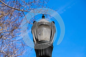 A tall black lamp post surrounded by bare winter trees with clear blue sky in the Marietta Square