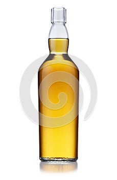 A tall bottle of golden whisky, with no label or branding, isolated on white