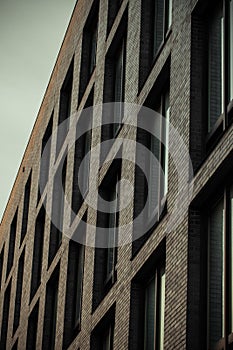 Tall brick building portrait with brown and green color tones