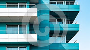 A tall building with balconies and windows in a blue color, AI