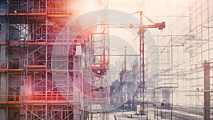 A tall building under construction is surrounded by scaffolding, with a crane visible in the background, Layered visuals of future