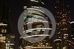 Tall buildings in Moscow City district at night