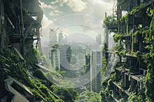 Tall Buildings Surrounded by Greenery in a Postapocalyptic City, A post-apocalyptic city skyline, with crumbling buildings and photo