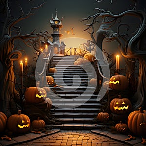 Tall castles stand high and dark on Halloween, with golden apples on the steps and trees that wither at night.