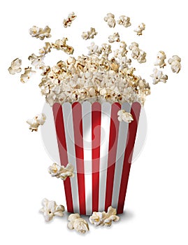 A tall classic box of theater popcorn popping up and scattered around on white background.