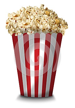 A tall classic box of theater popcorn on white background.