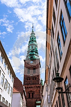 A tall clock tower, church in Copenhagen, Denmark