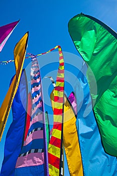 Tall, colorful banners fluttering in the wind
