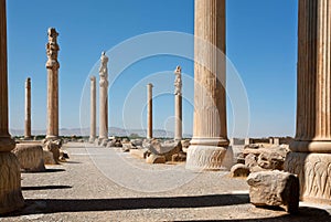 Tall columns in area of ruined city Persepolis