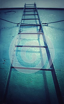 Tall commercial step ladder against the blue wall background