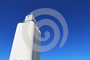 Tall community co-op cooperative agricultural farm feed grain and corn silo building in a small town in rural heartland america