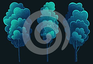 Tall deciduous trees isolated on white. Forest vegetation, dark blue foliage, lush crown. Flat image
