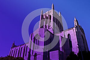 Tall downtown Los Angeles Catholic Church in twilight purple haze. photo