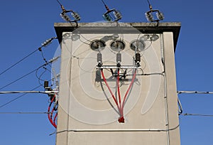 electrical substation with high voltage cables and insulators an photo