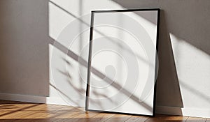 Blank framed artwork leaning against a wall with dramatic sunlight and shadow patterns