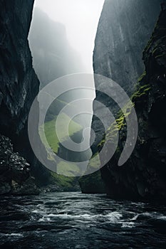 tall fjords. steep cliff. river, lake, creek. fantasy foggy, misty landscape. Aisen Fjords, Chile. photo