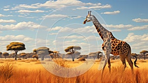 Giraffe Grazing In A Field - Stunning Uhd Image With Matte Painting Style photo