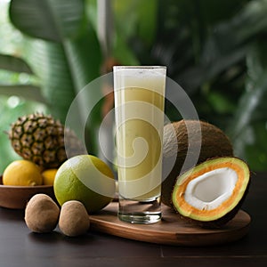 Tall Glass of Clear and Refreshing Buko Juice with Tropical Fruits